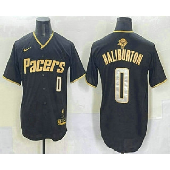 Personalized Men’s Indiana Pacers #0 Tyrese Haliburton Black Gold 2025 Finals Stitched Baseball Jersey
