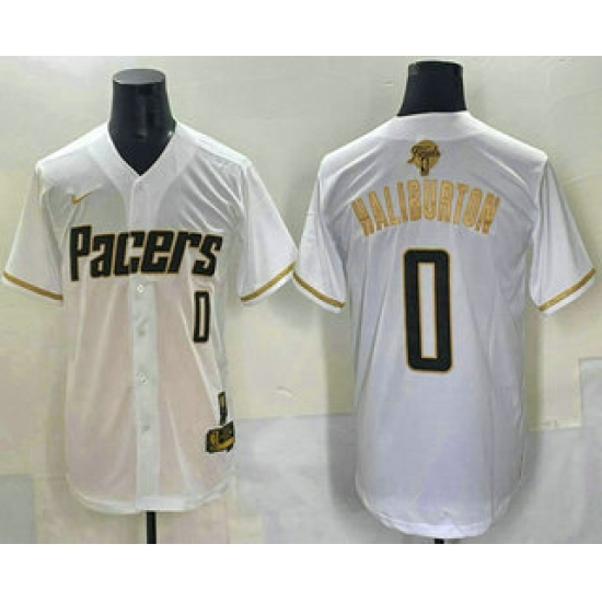 Personalized Men’s Indiana Pacers #0 Tyrese Haliburton White Gold 2025 Finals Stitched Baseball Jersey