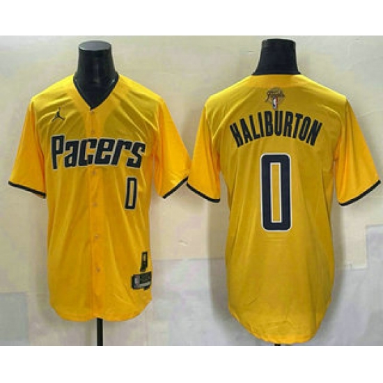 Personalized Men’s Indiana Pacers #0 Tyrese Haliburton Yellow 2025 Finals Stitched Baseball Jersey