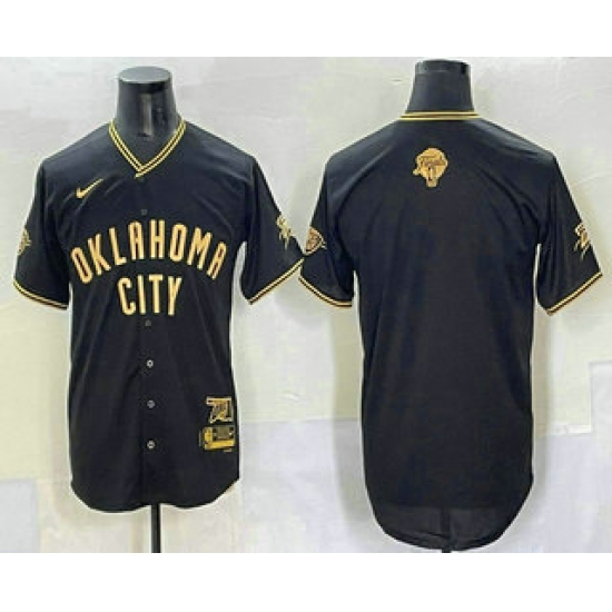 Personalized Men’s Oklahoma City Thunder Blank Black Gold 2025 Finals Stitched Baseball Jersey