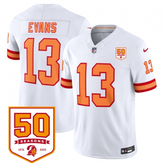 Personalized Men’s Tampa Bay Buccaneers #13 Mike Evans White 2025 F.U.S.E. 50th Anniversary Untouchable Limited Football Stitched Jersey