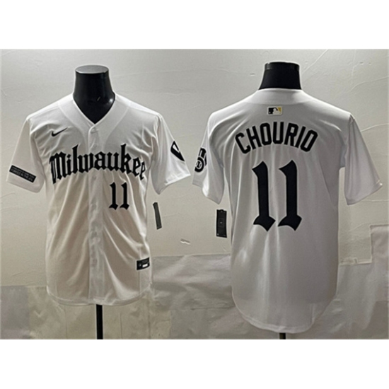 Personalized Men’s Milwaukee Brewers #11 Jackson Chourio White ‘Gothic 414 Shadows Edition’ Premier Limited Stitched Jersey