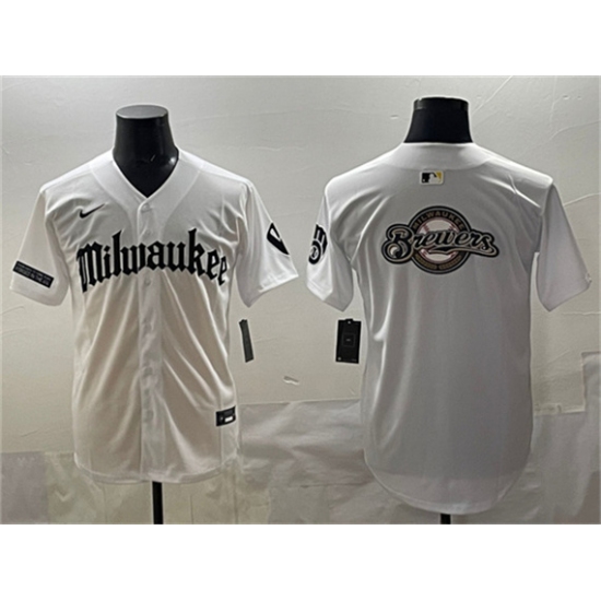 Personalized Men’s Milwaukee Brewers Team Big Logo White ‘Gothic 414 Shadows Edition’ Premier Limited Stitched Jersey