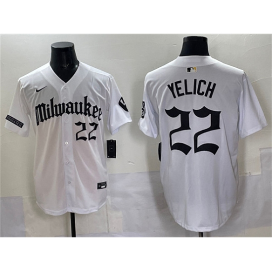 Personalized Men’s Milwaukee Brewers #22 Christian Yelich White ‘Gothic 414 Shadows Edition’ Premier Limited Stitched Jersey