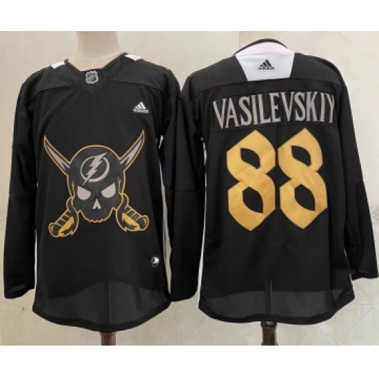 Personalized Men’s Tampa Bay Lightning #88 Andrei Vasilevskiy Black Pirate Themed Warmup Authentic Jersey
