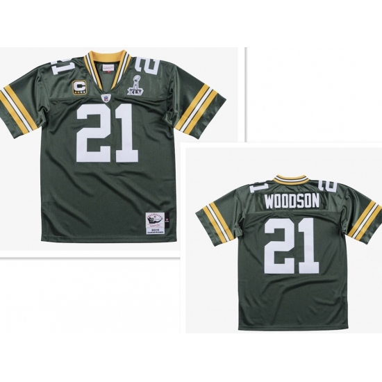 Personalized Men’s Green Bay Packers #21 Charles Woodson Green With 2-star captains’ and Super Bowl XLV 2010 Throwback Jersey