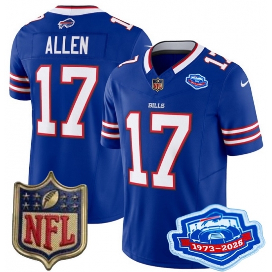 Personalized Youth Buffalo Bills 17 Josh Allen Blue 2025 F U S E Farewell Season Gold Shield Patch Stitched Football Jersey