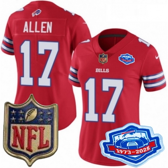 Personalized Women’s Buffalo Bills 17 Josh Allen Red 2025 F U S E Farewell Season Gold Shield Patch Stitched Football Jersey