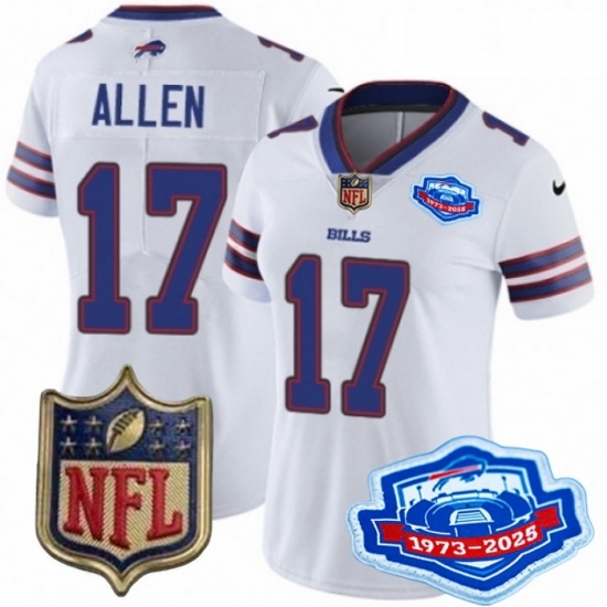 Personalized Women’s Buffalo Bills 17 Josh Allen White 2025 F U S E Farewell Season Gold Shield Patch Stitched Football Jersey