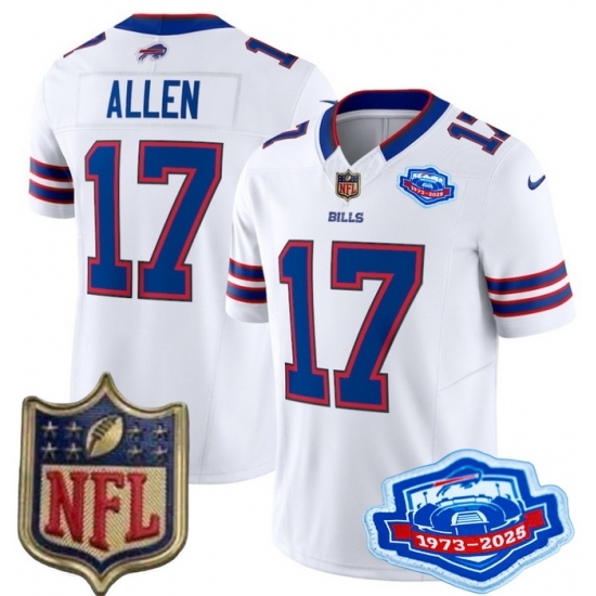 Personalized Men’s Buffalo Bills 17 Josh Allen White 2025 F U S E Farewell Season Gold Shield Patch Stitched Football Jersey