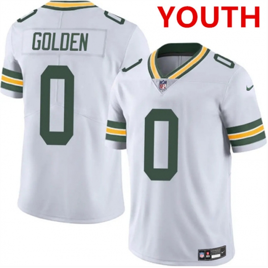Personalized Youth Green Bay Packers #0 matthew golden white 2025 untouchable limited stitched football jersey