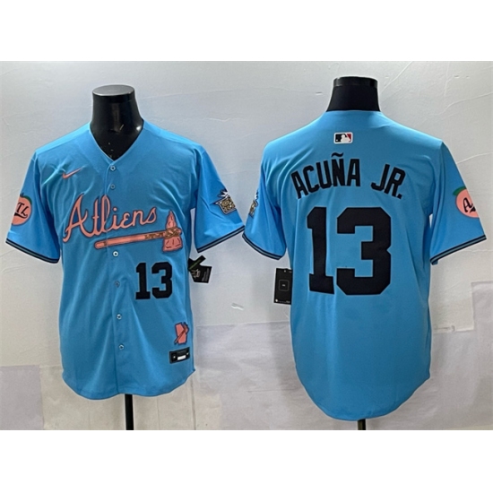 Personalized Men’s Atlanta Braves #13 Ronald Acuna Jr. Blue 2024 Atliens & Peach With Outkast Limited Stitched Baseball Jersey