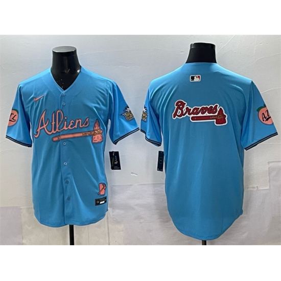 Personalized Men’s Atlanta Braves Team Big Logo Blue 2024 Atliens & Peach With Outkast Limited Stitched Baseball Jersey