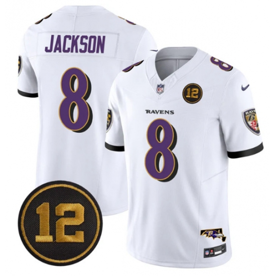 Personalized Men’s Baltimore Ravens #8 Lamar Jackson White 2025 F.U.S.E Jacoby Jones Limited Football Jersey