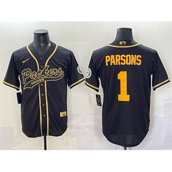 Personalized Men’s Green Bay Packers #1 Micah Parsons Black Gold Cool Base Stitched Baseball Jersey