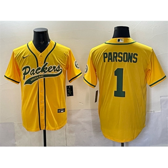 Personalized Men’s Green Bay Packers #1 Micah Parsons Gold Cool Base Stitched Baseball Jersey
