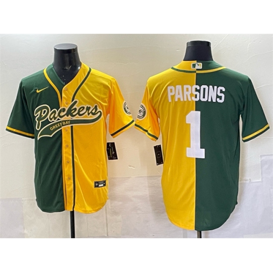 Personalized Men’s Green Bay Packers #1 Micah Parsons Green Gold Split Cool Base Stitched Baseball Jersey