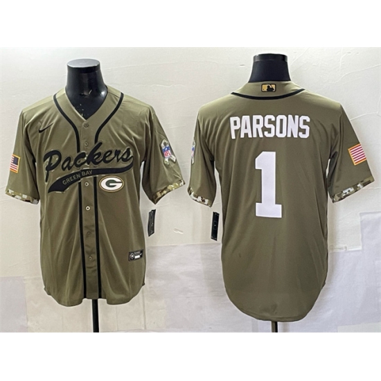 Personalized Men’s Green Bay Packers #1 Micah Parsons Olive Salute to Service Cool Base Stitched Baseball Jersey