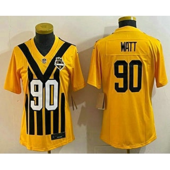 Personalized Women’s Pittsburgh Steelers #90 TJ Watt Limited Yellow Throwback Jersey