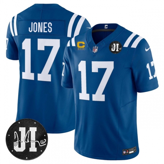 Personalized Men’s Indianapolis Colts #17 Daniel Jones Blue 2025 F.U.S.E. With 4-Star C And Jim Irsay Limited Football Stitched Jersey