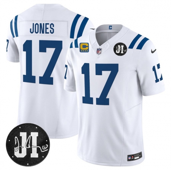 Personalized Men’s Indianapolis Colts #17 Daniel Jones White 2025 F.U.S.E. With 4-Star C And Jim Irsay Limited Football Stitched Jersey