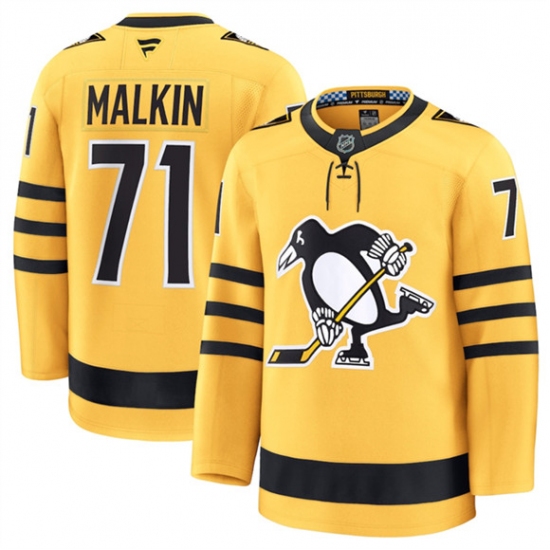 Personalized Men’s Pittsburgh Penguins #71 Evgeni Malkin Gold 2025 Alternate Stitched Hockey Jersey