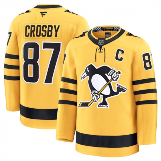 Personalized Men’s Pittsburgh Penguins #87 Sidney Crosby Gold 2025 Alternate Stitched Hockey Jersey