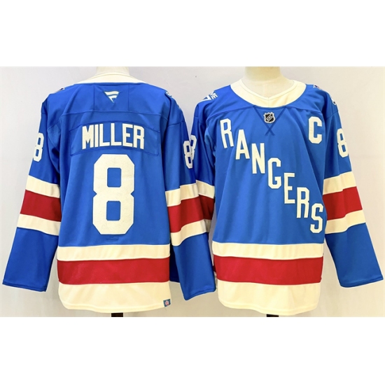 Personalized Men’s New York Rangers #8 JT Miller Blue 2025 With C Stitched Hockey Jersey