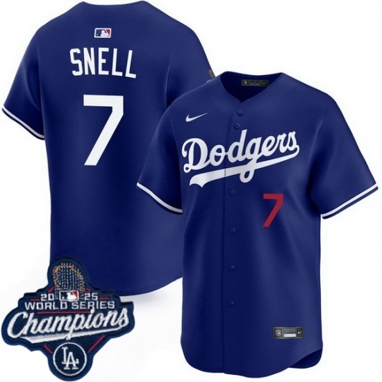 Personalized Men’s Los Angeles Dodgers #7 Blake Snell Cool Base 2025 World Champions Stitched Baseball Jersey Blue