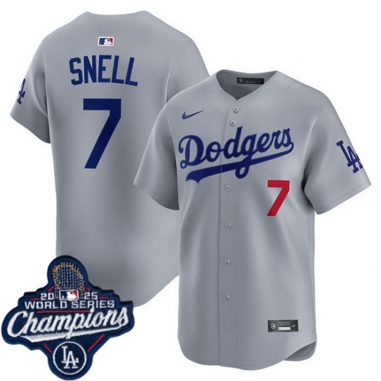 Personalized Men’s Los Angeles Dodgers #7 Blake Snell Cool Base 2025 World Champions Stitched Baseball Jersey Gray