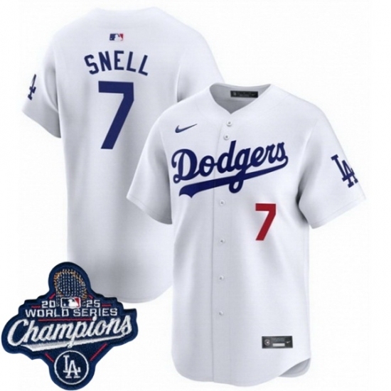 Personalized Men’s Los Angeles Dodgers #7 Blake Snell Cool Base 2025 World Champions Stitched Baseball Jersey White