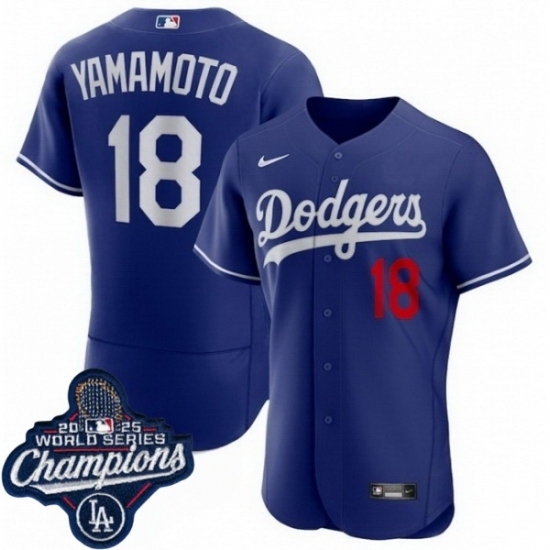 Personalized Men’s Los Angeles Dodgers #18 Yoshinobu Yamamoto Cool Base 2025 World Champions Stitched Baseball Jersey Blue