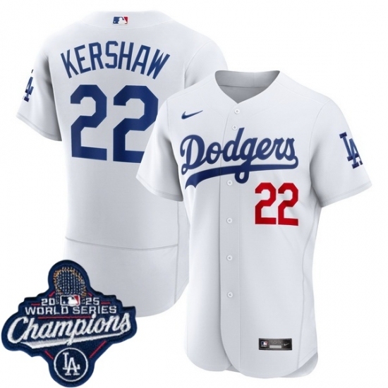 Personalized Men’s Los Angeles Dodgers #22 Clayton Kershaw Cool Base 2025 World Champions Stitched Baseball Jersey White
