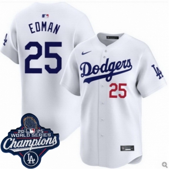 Personalized Men’s Los Angeles Dodgers #25 Tommy Edman Cool Base 2025 World Champions Stitched Baseball Jersey White