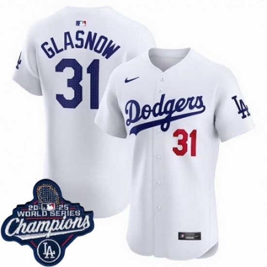 Personalized Men’s Los Angeles Dodgers #31 Tyler Glasnow Cool Base 2025 World Champions Stitched Baseball Jersey White