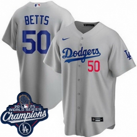 Personalized Men’s Los Angeles Dodgers #50 Mookie Betts Cool Base 2025 World Champions Stitched Baseball Jersey Gray