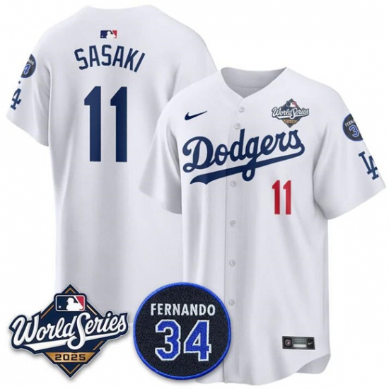 Personalized Men’s Los Angeles Dodgers #11 Roki Sasaki White 2025 World Series With No. 34 Limited Stitched Jersey