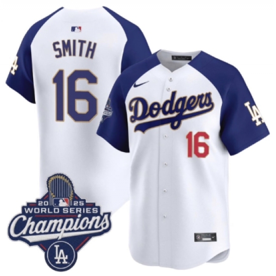 Personalized Men’s Los Angeles Dodgers #16 Will Smith White Blue 2025 Champions Stitched Baseball Jersey