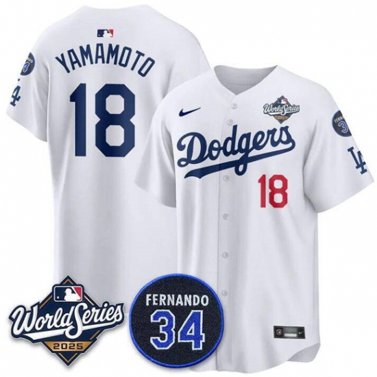 Personalized Men’s Los Angeles Dodgers #18 Yoshinobu Yamamoto White 2025 World Series With No. 34 Limited Stitched Jersey