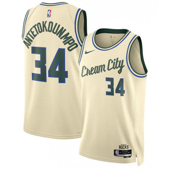 Personalized Men’s Milwaukee Bucks #34 Giannis Antetokounmpo Cream 2025-26 City Edition Swingman Stitched Basketball Jersey