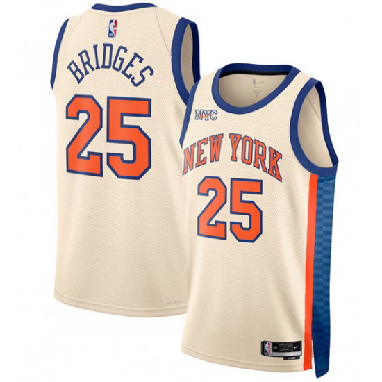 Personalized Men’s New Yok Knicks #25 Mikal Bridges Cream 2025-26 City Edition Swingman Stitched Basketball Jersey