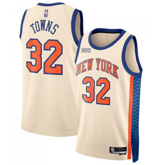 Personalized Men’s New Yok Knicks #32 Karl-Anthony Towns Cream 2025-26 City Edition Swingman Stitched Basketball Jersey
