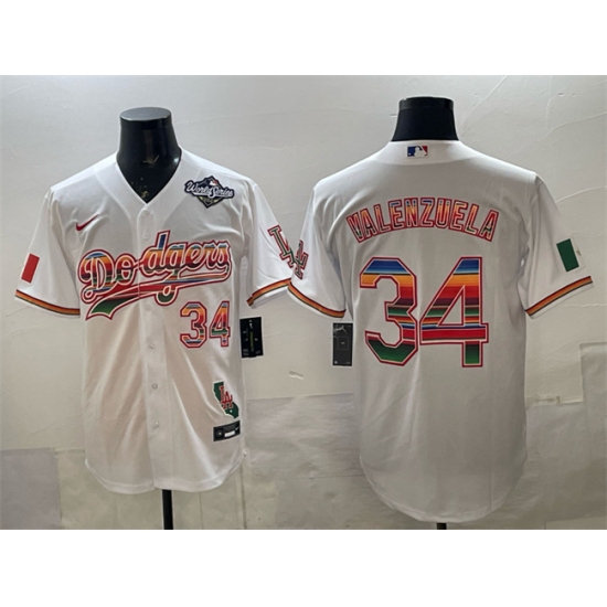 Personalized Men’s Los Angeles Dodgers #34 Fernando Valenzuela White Mexico California 2025 World Series Patch Stitched Baseball Jersey