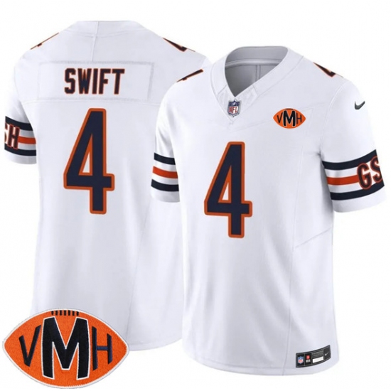 Personalized Men’s Chicago Bears #4 D’Andre Swift White 2025 F.U.S.E. With Illinois and VMH Untouchable Limited Football Stitched Jersey