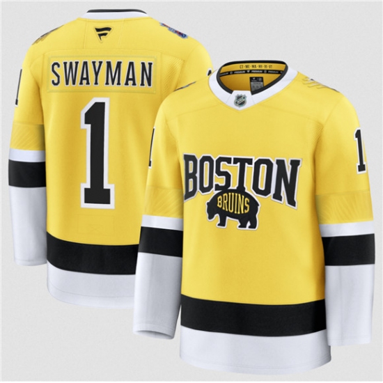Personalized Men’s Boston Bruins #1 Jeremy Swayman Gold 2026 Stadium Series Stitched Hockey Jersey