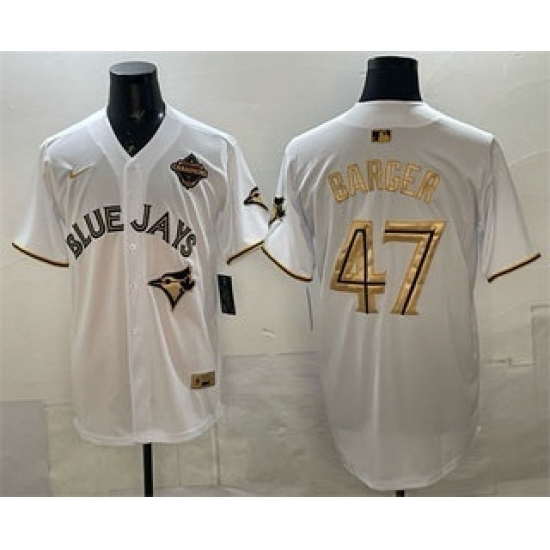 Personalized Men’s Toronto Blue Jays #47 Addison Barger White Gold 2025 American League Champions Limited Stitched Jersey