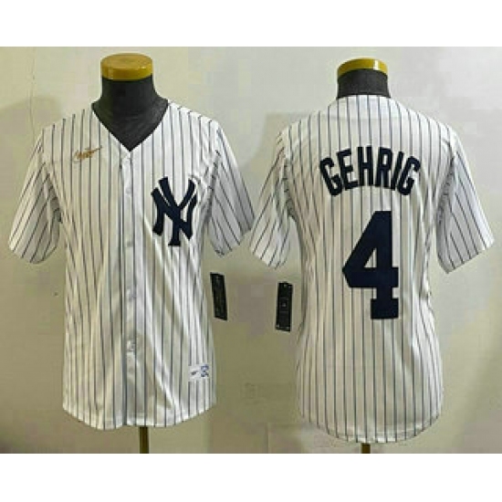 Personalized Youth New York Yankees #4 Lou Gehrig White Throwback Stitched Cool Base Jersey