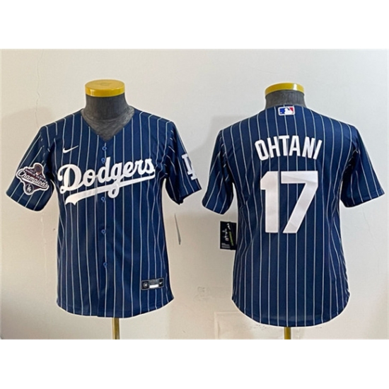 Personalized Youth Los Angeles Dodgers #17 Shohei Ohtani Navy Pinstripe 2025 World Series Champions Cool Base Stitched Baseball Jersey