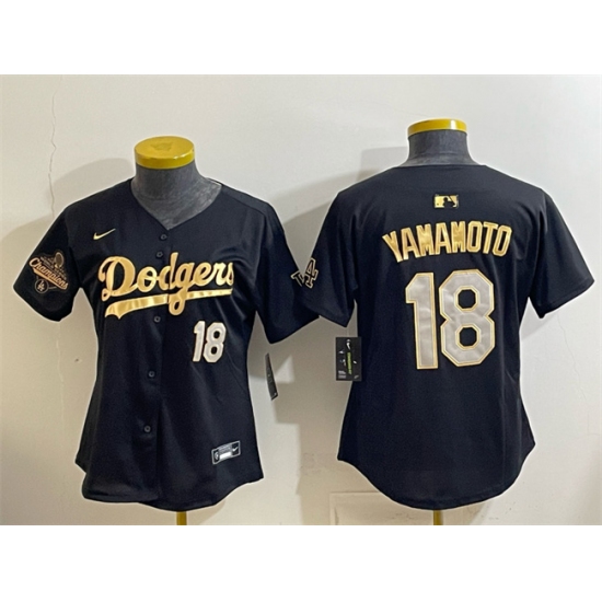 Personalized Youth Los Angeles Dodgers #18 Yoshinobu Yamamoto Black Gold 2025 World Series Champions Limited Stitched Baseball Jersey