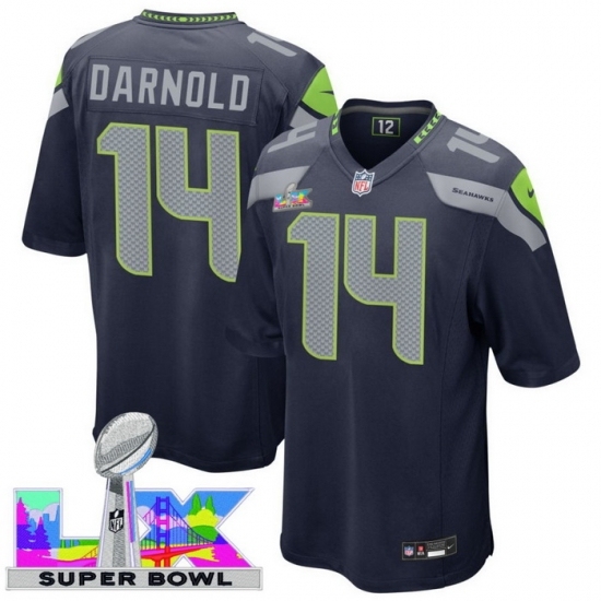 Personalized Men’s Seattle Seahawks #14 Sam Darnold Blue 2025 2026 Super Bowl LX F U S E Stitched Jersey